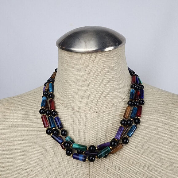 Blue Green & Burgundy Beaded Collar Necklace - Picture 1 of 6